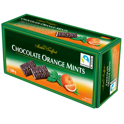 Afbeelding product 1 - Chocolate Orange Mints - pure chocolade gevullt met sinaasappel/mint creme 200g