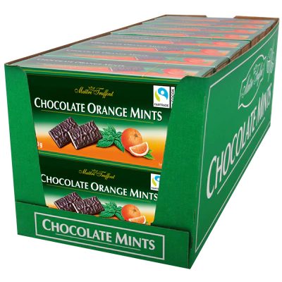 Afbeelding product 2 - Chocolate Orange Mints - pure chocolade gevullt met sinaasappel/mint creme 200g
