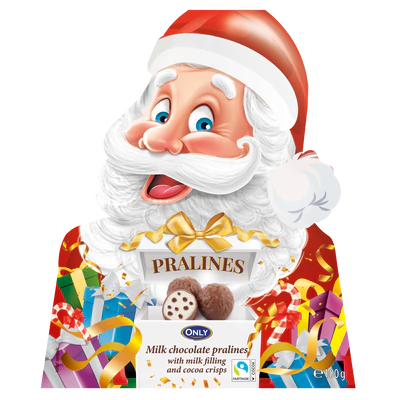 Afbeelding product 1 - Kerstman melkchocolade pralines met melkcrèmevulling & cacaokrokant 100g