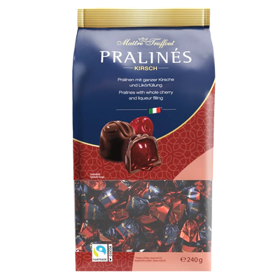 Afbeelding product 1 - Pralinees pure chocolade met kersen en likeur 4% vol. 240g