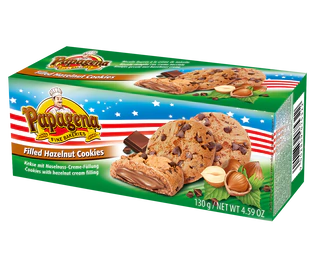Image du produit 1 - Cookies  chocolat fourrés à la crème à la noisette boîte 130g