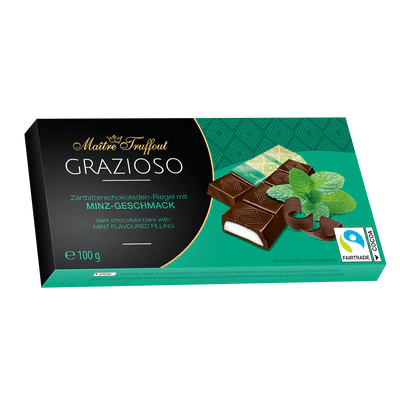 Image du produit 1 - Grazioso chocolat extra noir fourré d'un mélange crémeux à la menthe 100g (8x12,5g)