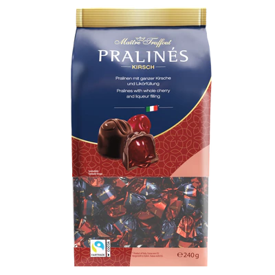 Image du produit 1 - Pralines de chocolat noir fourrées de cerise à la liqueur 4% vol. 240g