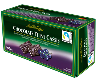 Imagen del producto 1 - Chocolate Thins Cassis grosella – chocolate amargo relleno con crema de grosella negra 200g
