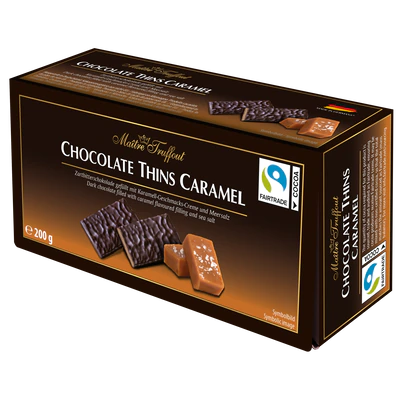 Imagen del producto 1 - Chocolate Thins caramelo - chocolate amargo releno con crema de caramelo 200g