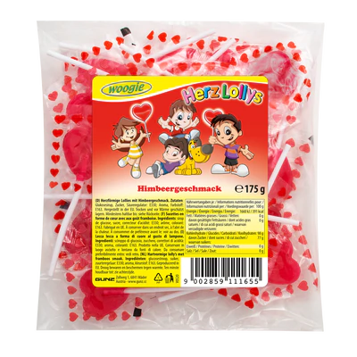 Imagen del producto 1 - Piruletas corazón con sabor a frambuesa 175g