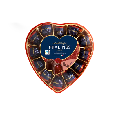 Imagen del producto 1 - Pralinés de chocolate amargo con relleno de cereza y licor 4% vol. en embalaje de regalo corazón 140g