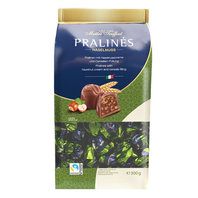 Imagen del producto 1 - Pralin&eacute;s de chocolate con leche relleno de avellana y cereales 300g
