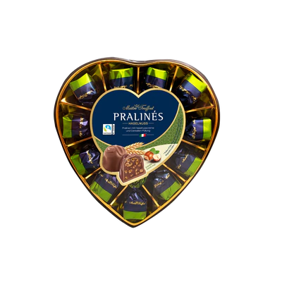 Imagen del producto 1 - Pralin&eacute;s de chocolate con leche relleno de avellana y cereales en embalaje de regalo coraz&oacute;n 165g