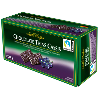 Product image 1 - Chocolate Thins Cassis - dark chocolate bars blackcurrant 200g