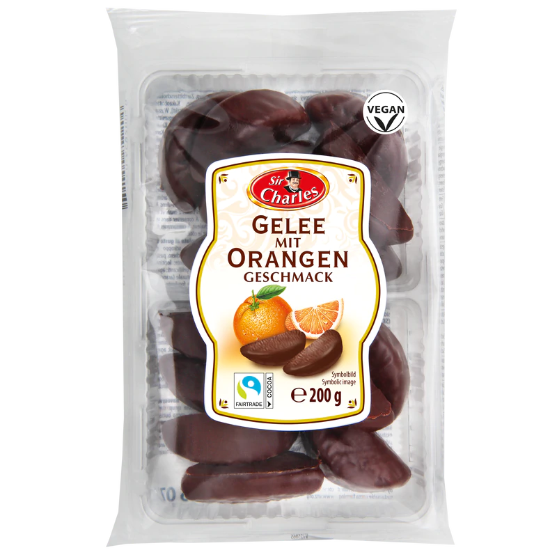 Product image 1 - Chocolate coated orange flavoured jellies 200g