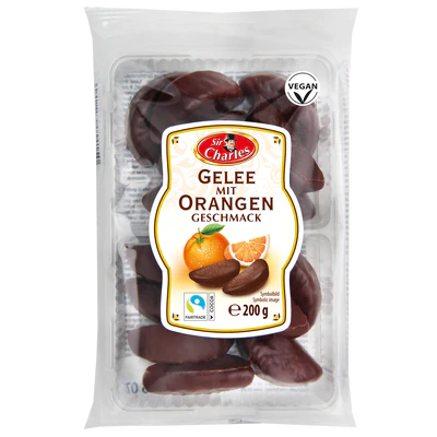 Product image 1 - Chocolate coated orange flavoured jellies 200g