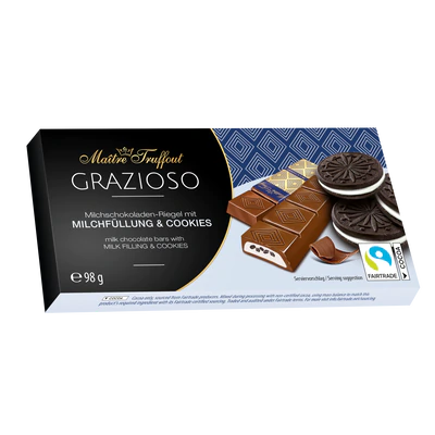 Product image 1 - Grazioso milk chocolate with milk cream and cocoa biscuit pieces 98g