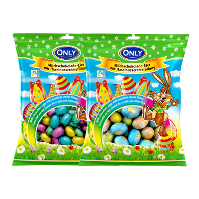 Produktabbildung 1 - Milchschokoladeeier mit Haselnusscremef&uuml;llung gro&szlig;/klein 400g Mischkarton