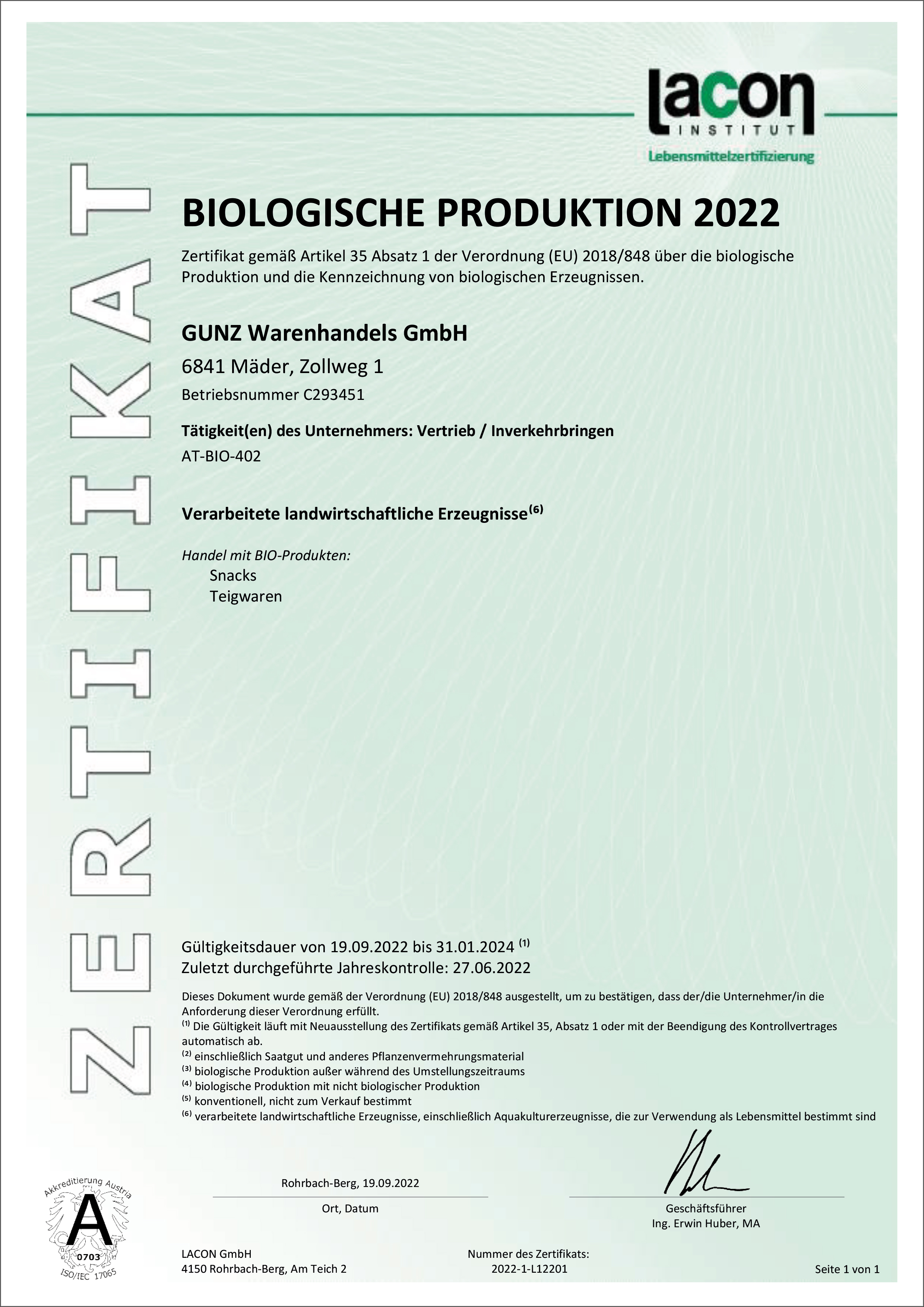  The current organic certificate in German