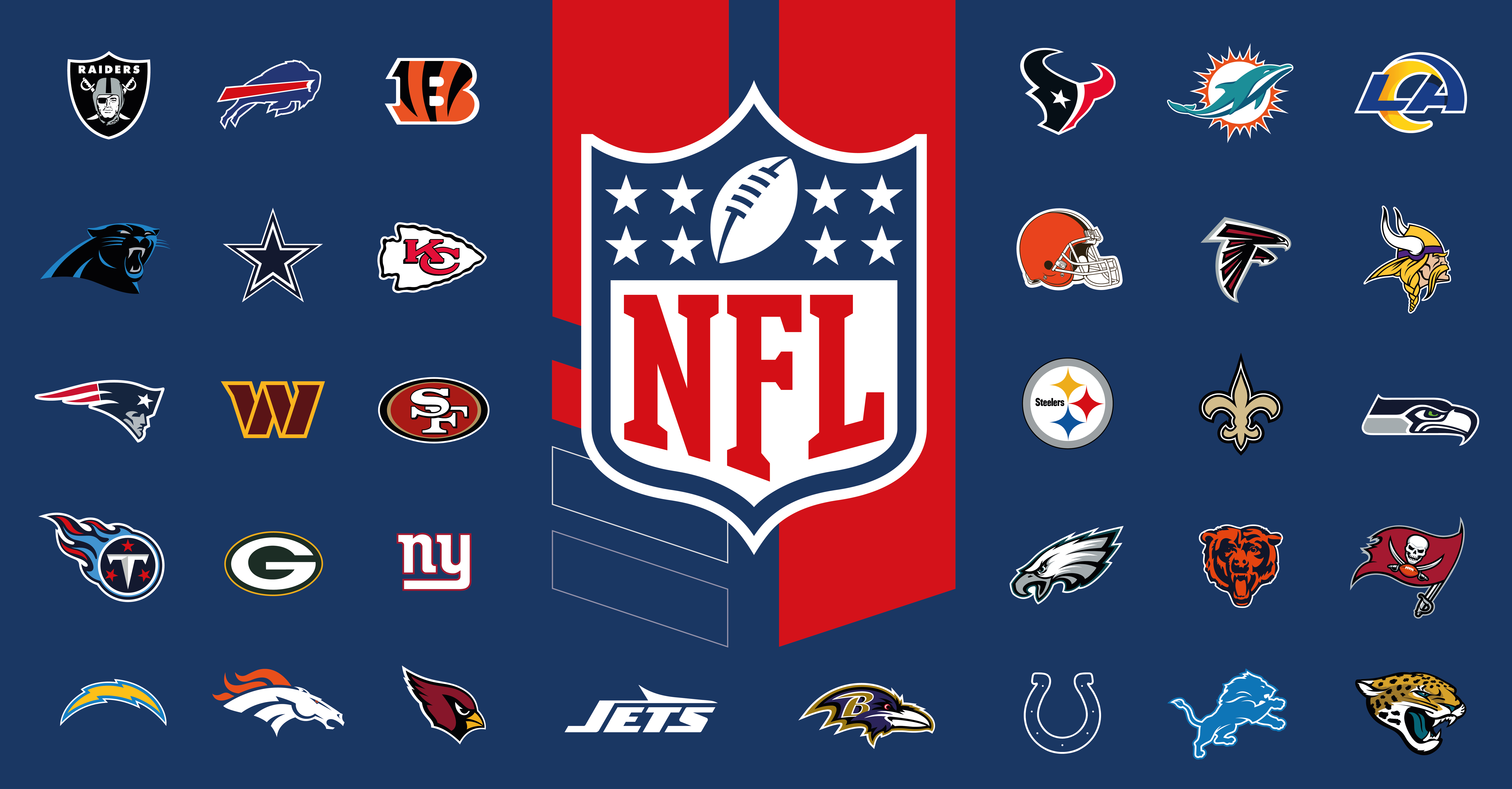 NFL großes Logo in der Mitte, Logos aller NFL-Teams rundherum