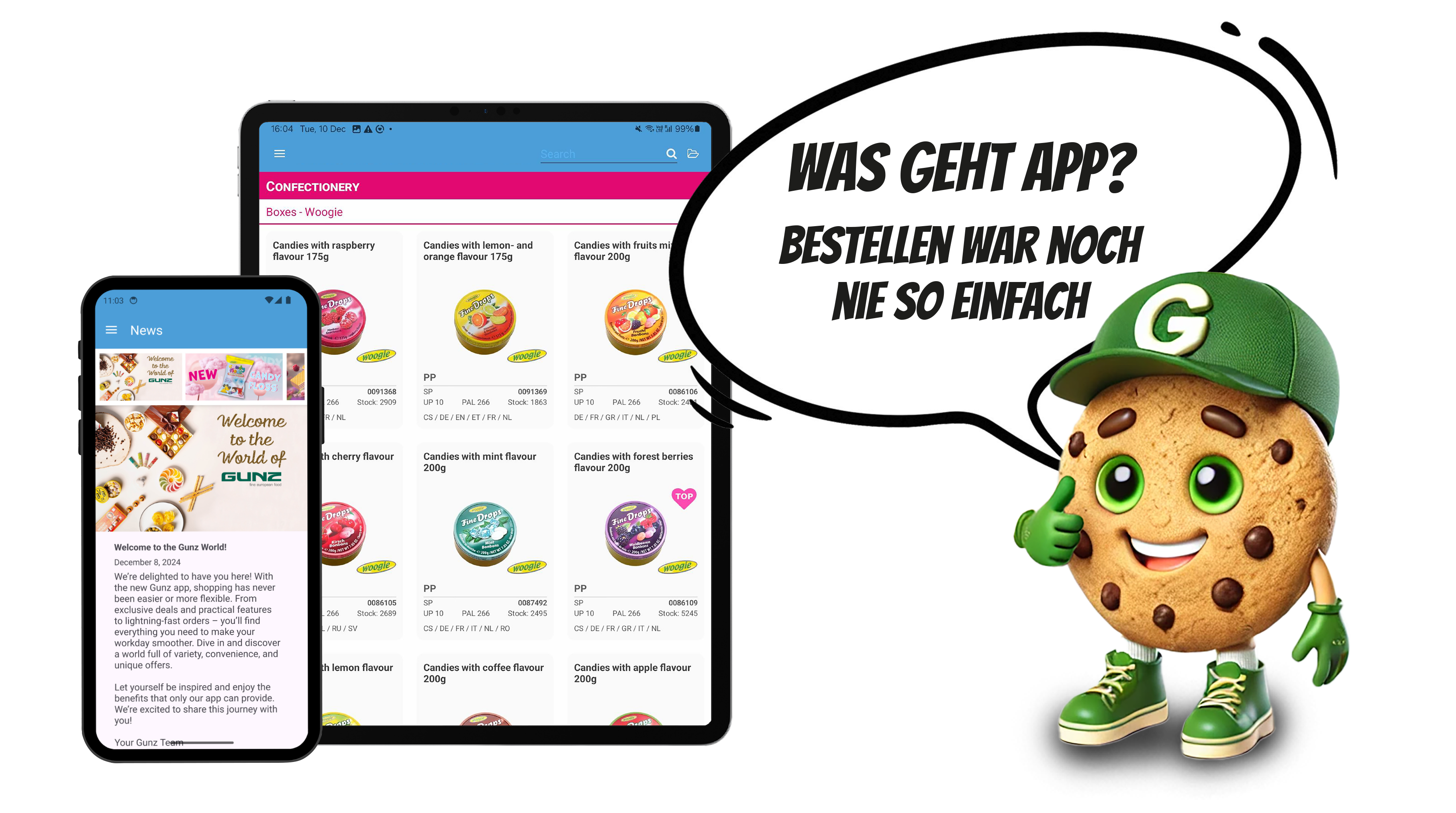 Gunz Keks-Maskottchen mit Sprechblase und Ansicht B2B-App
