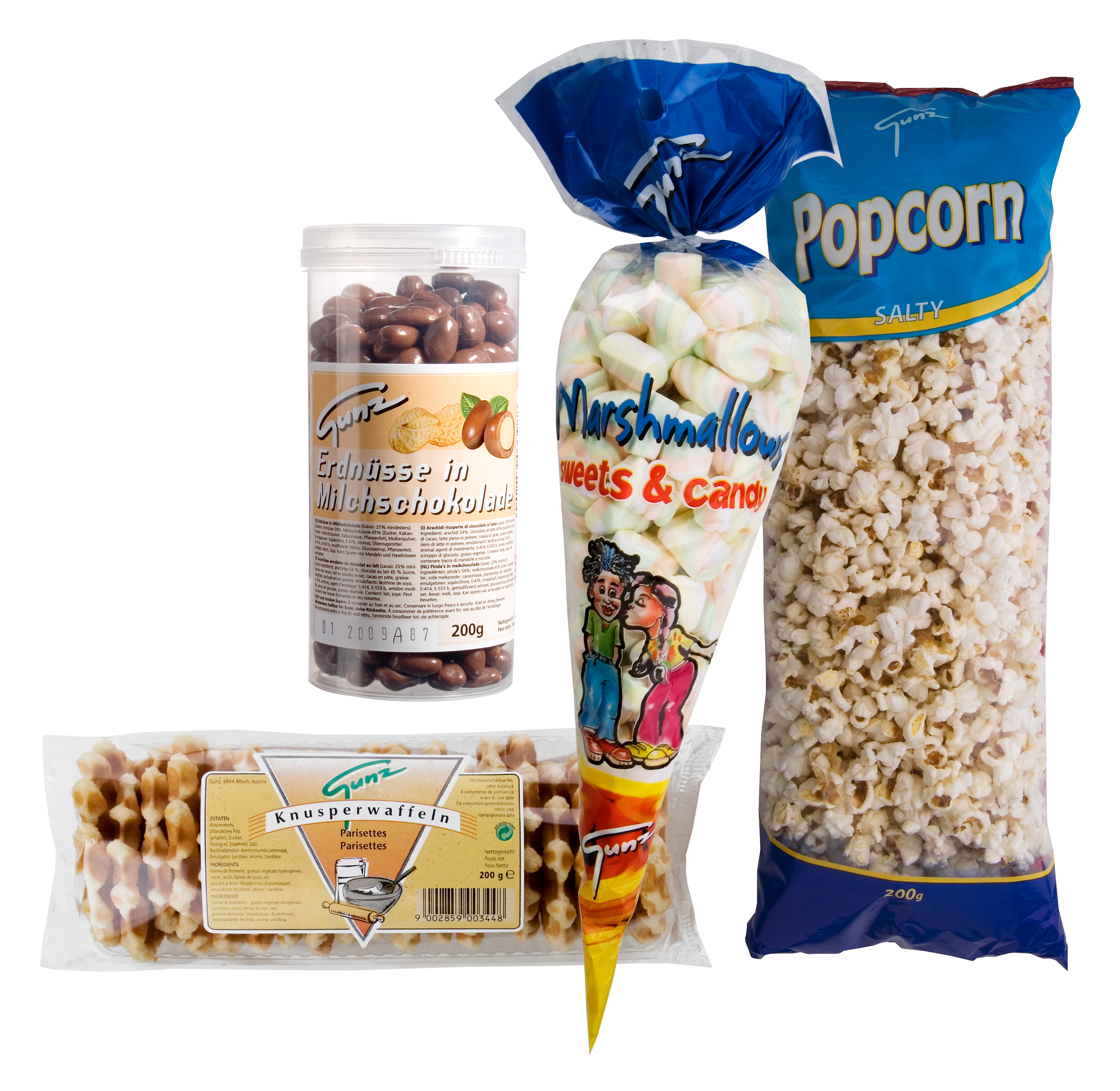 Gunz-producten uit de late jaren ’90: popcorn, marshmallows, chocolade-pinda’s, wafels