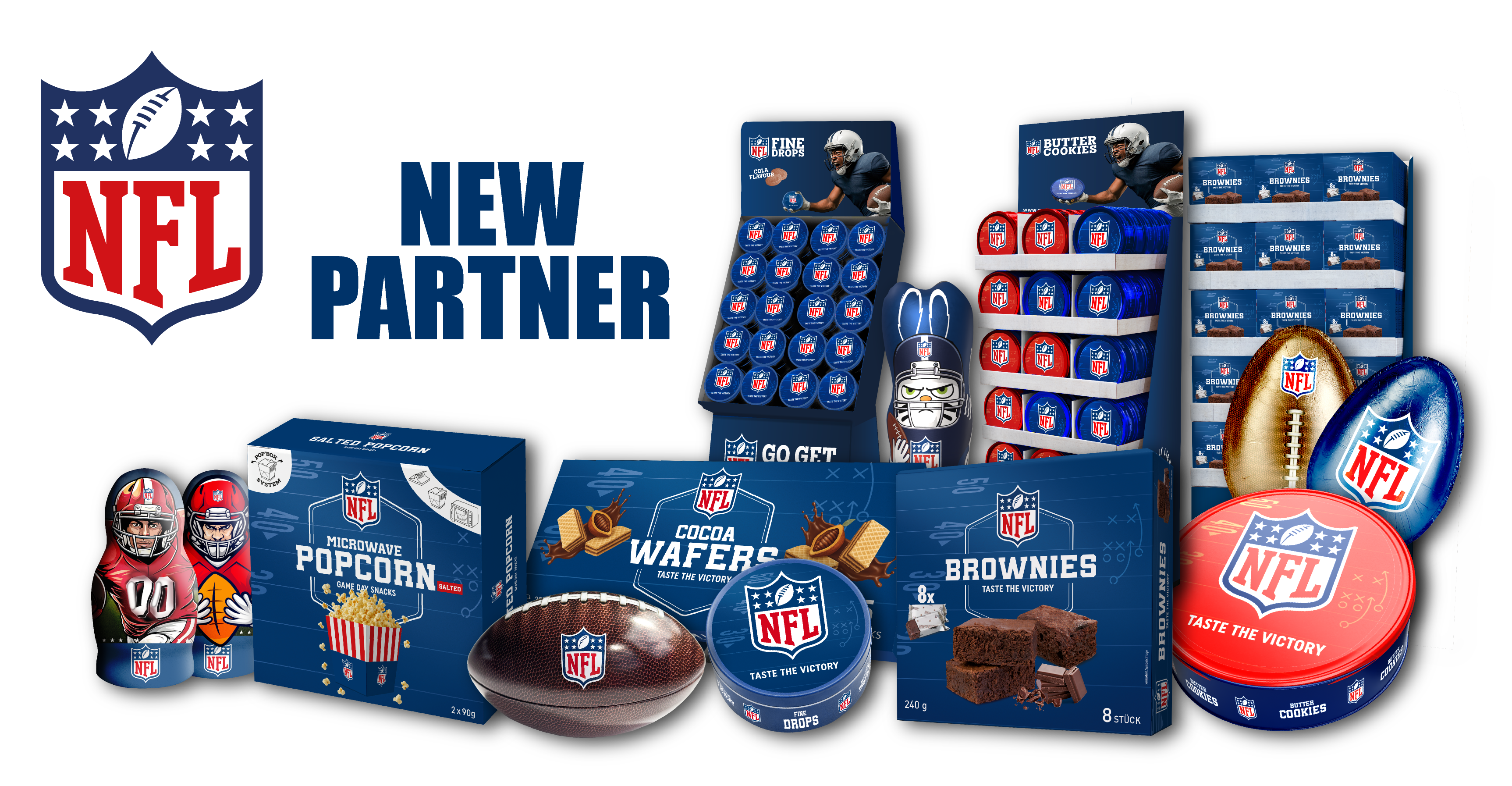NFL-logo, tekst "Nieuwe partner" en diverse snackproducten