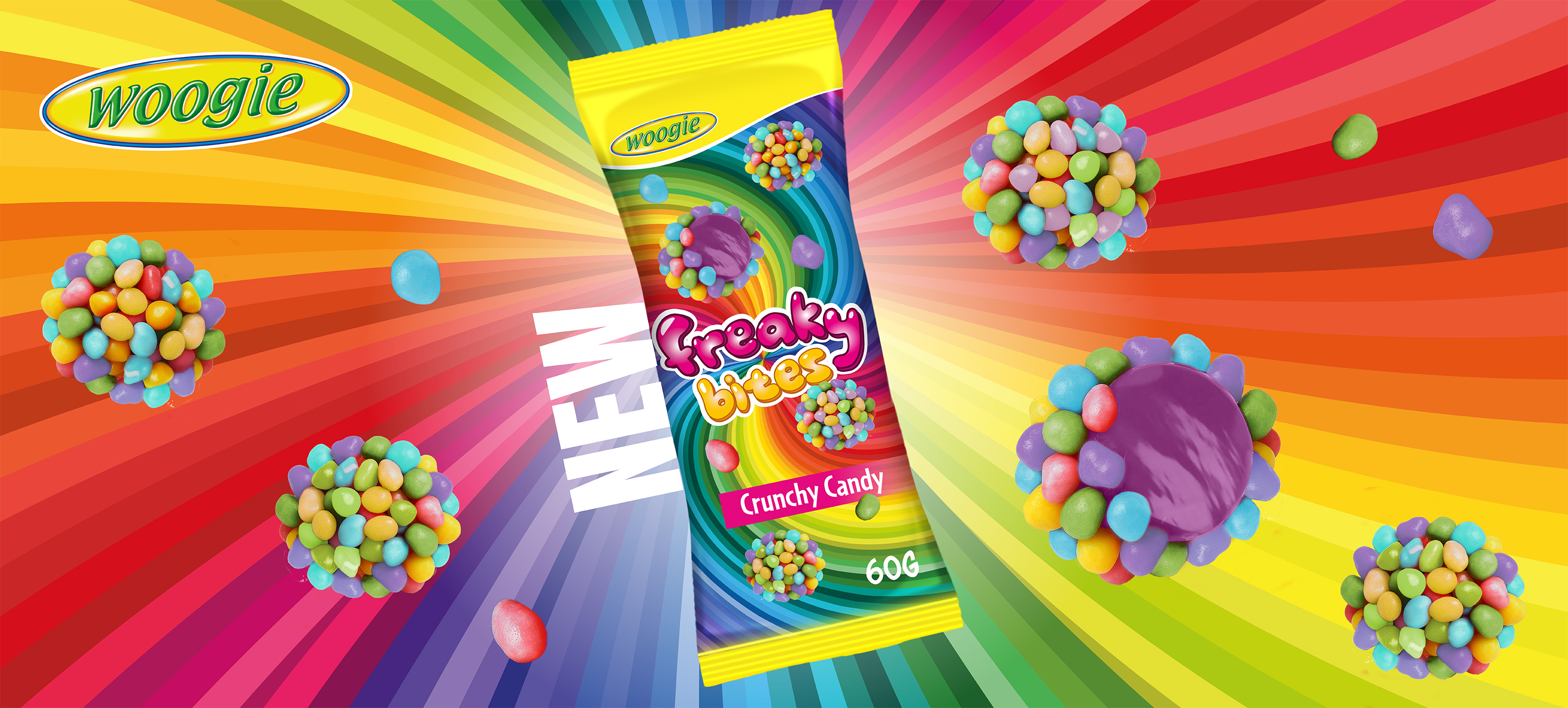 Colorful Freaky Bites with a soft core on a rainbow background