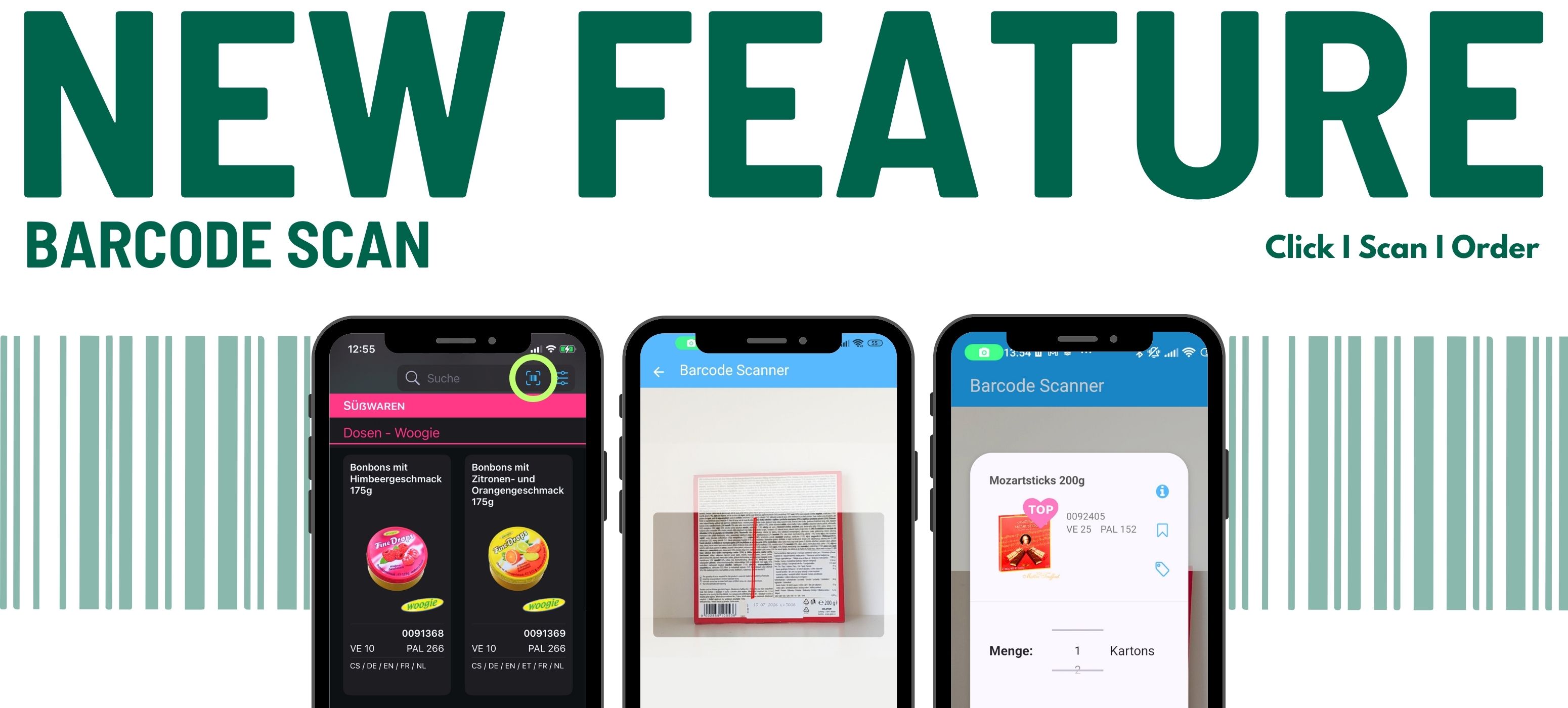 Bild mit Smartphone Darstellung und "New Feature" - Barcodescanner ab sofort