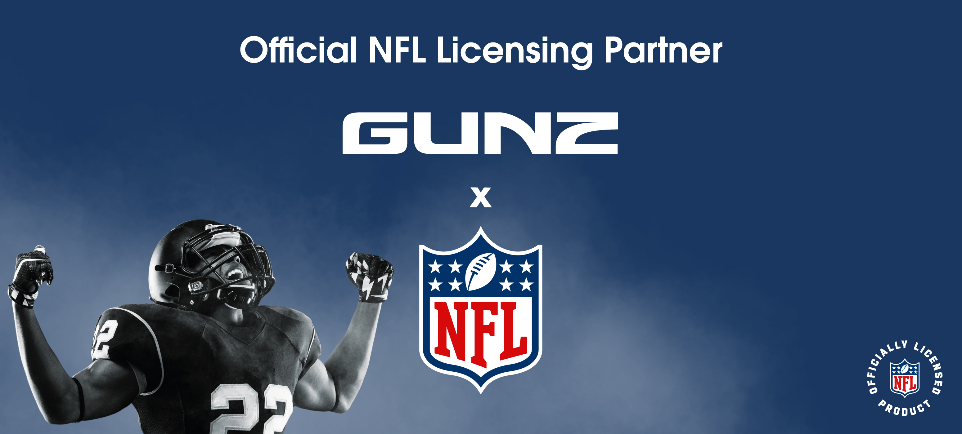 Football player with raised arms, featuring the NFL logo and the Gunz logo