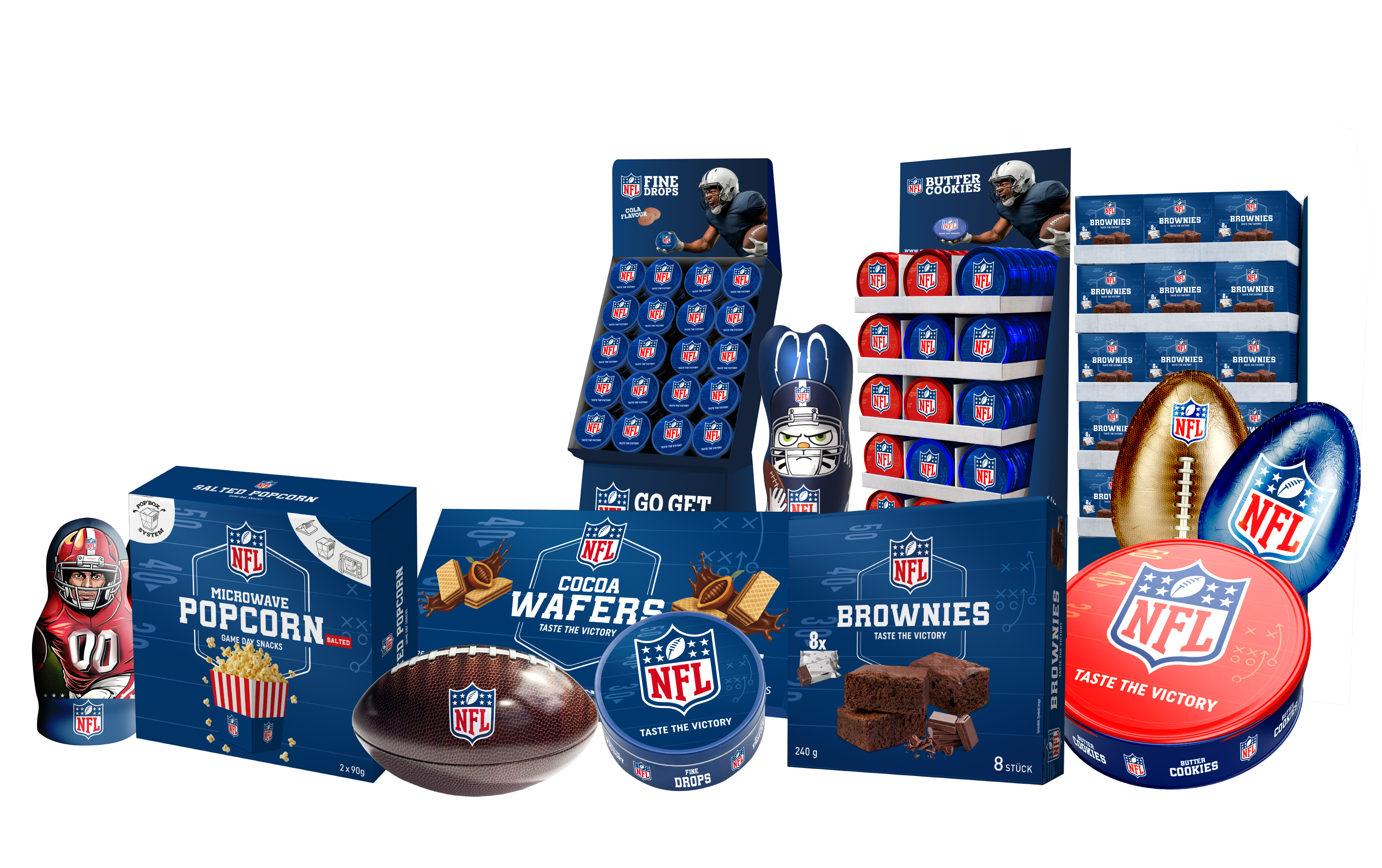 NFL-Snackprodukte mit Popcorn, Brownies, Waffeln und Dosen