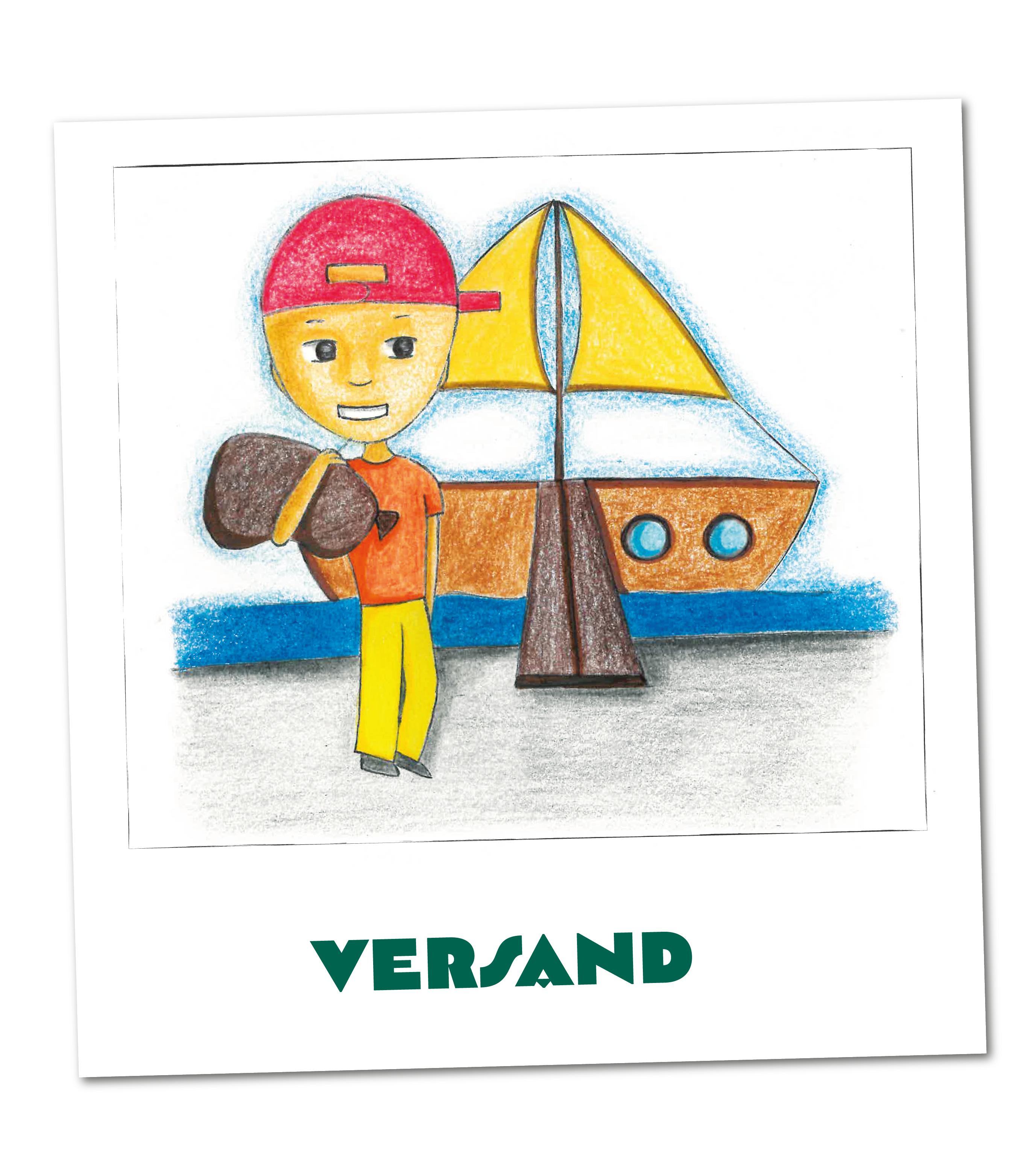 Juli tr&auml;gt Sack vor Segelschiff