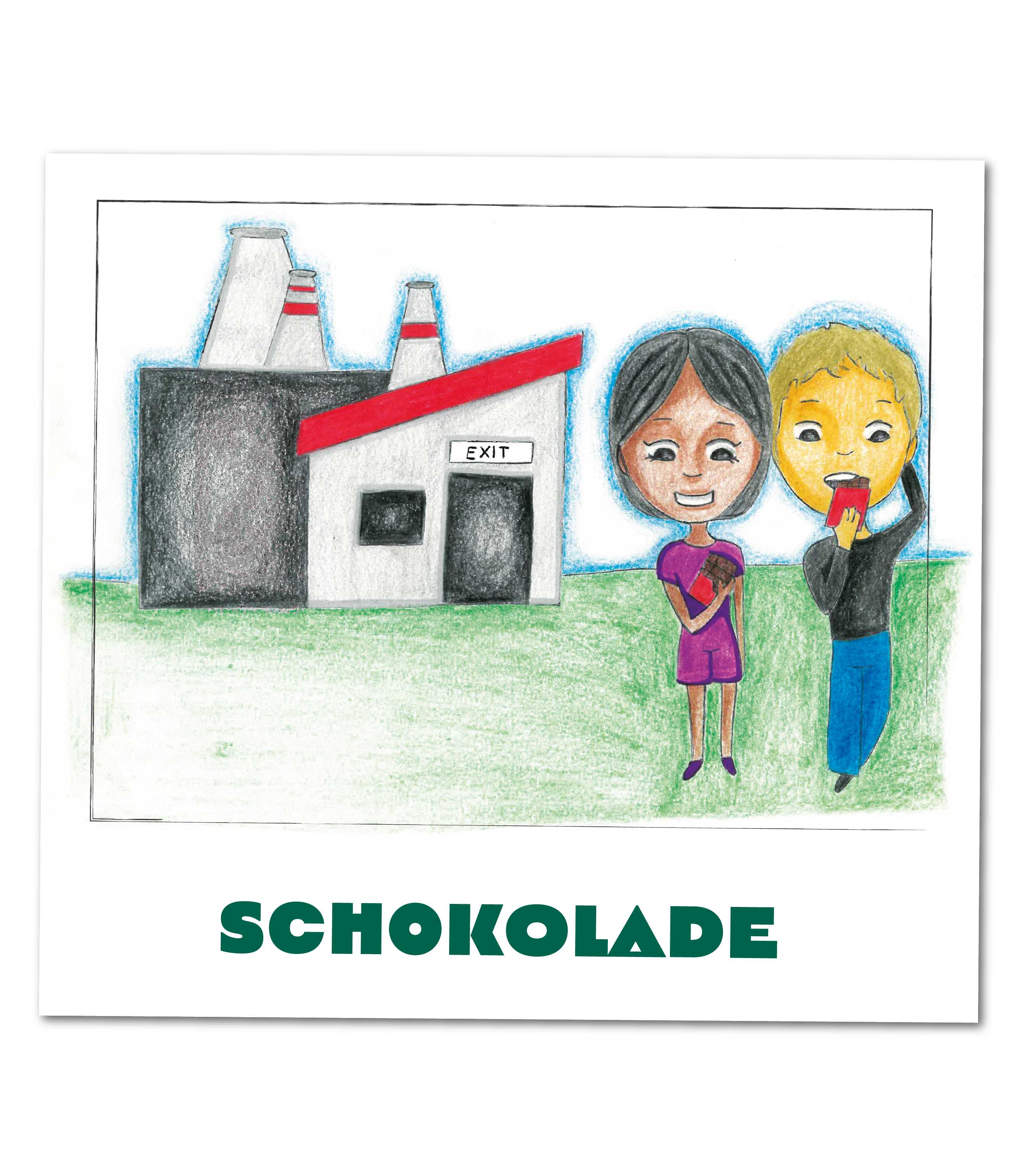 Menschen essen fertige Schokolade vor Fabrik