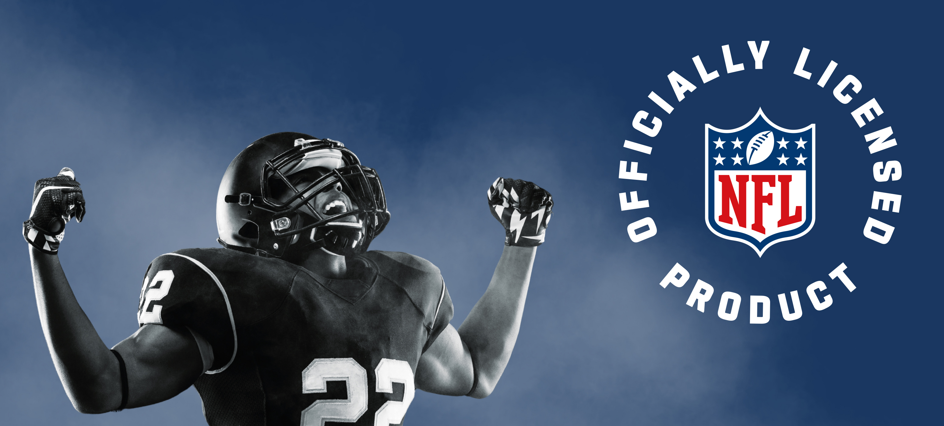 Giocatore di football americano con le braccia alzate, con il logo NFL e il logo Gunz