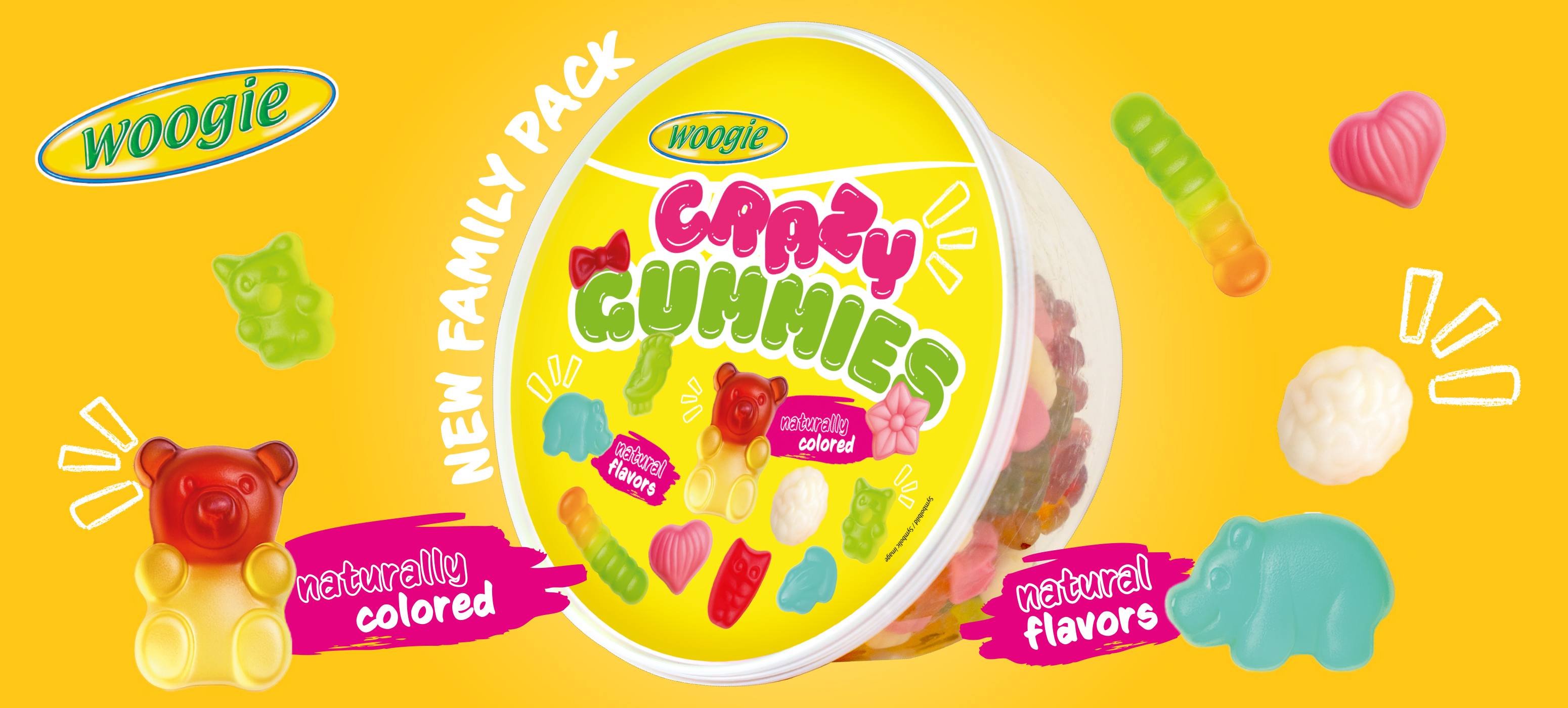 Woogie Crazy Gummies Family Pack with colorful fruit gummies, naturally colored, natural flavors