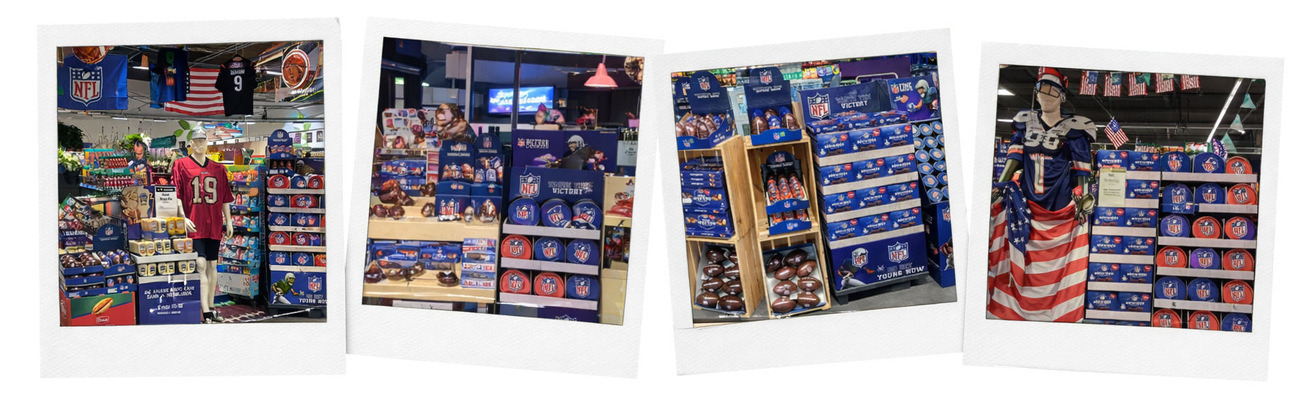 NFL promotion in-store featuring fan merchandise, chocolate and US-style decorations