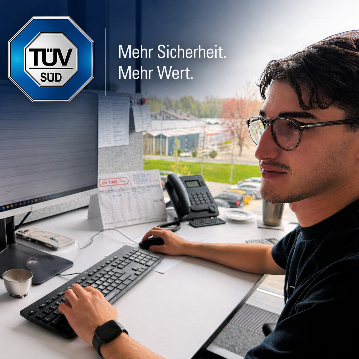 Karim am PC, links oben das T&Uuml;V S&uuml;d Logo
