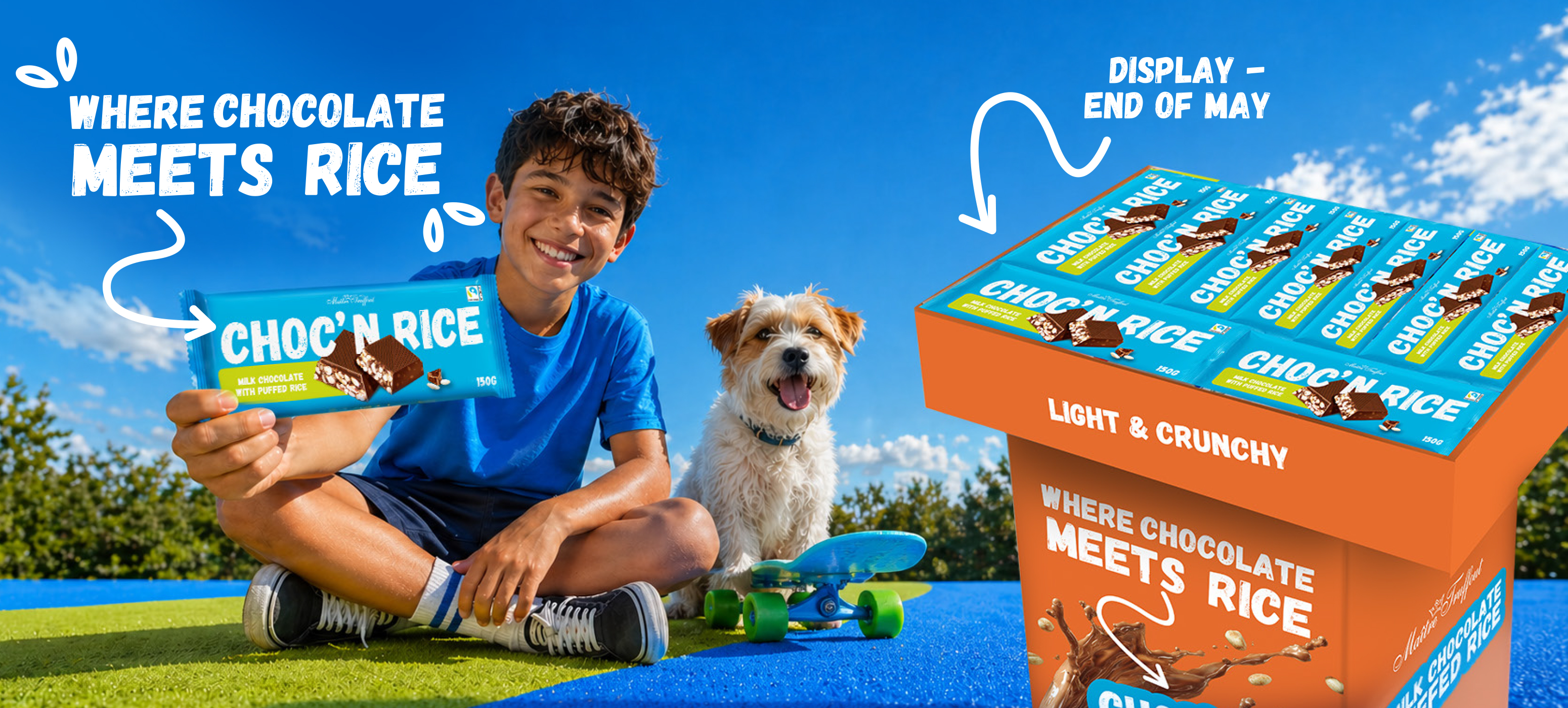 Boy with dog skateboard and Chocn Rice bar