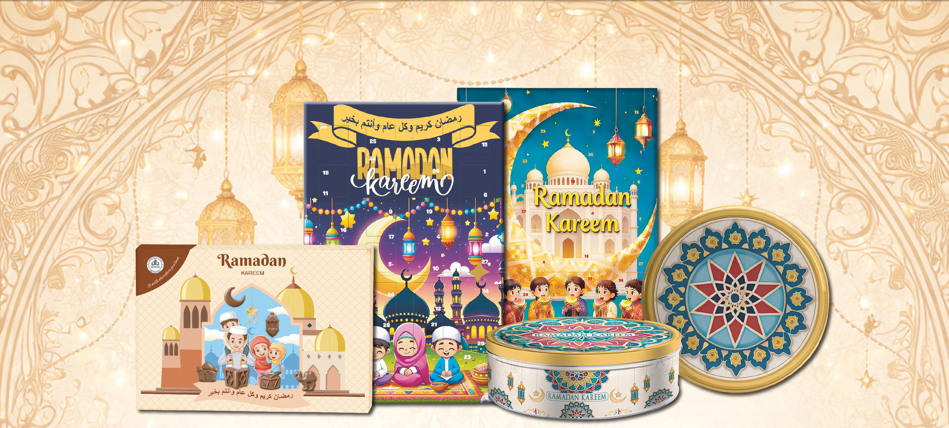 Ramadan calendars and gift items featuring mosque, lantern and moon motifs