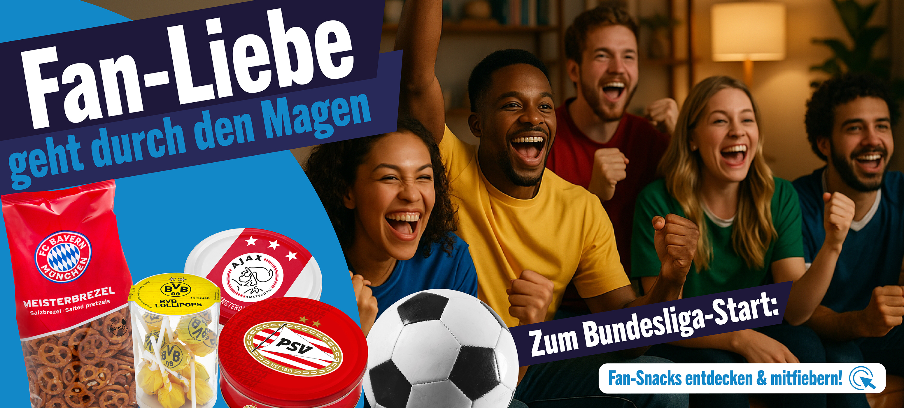 Football fans cheering with Bundesliga snacks