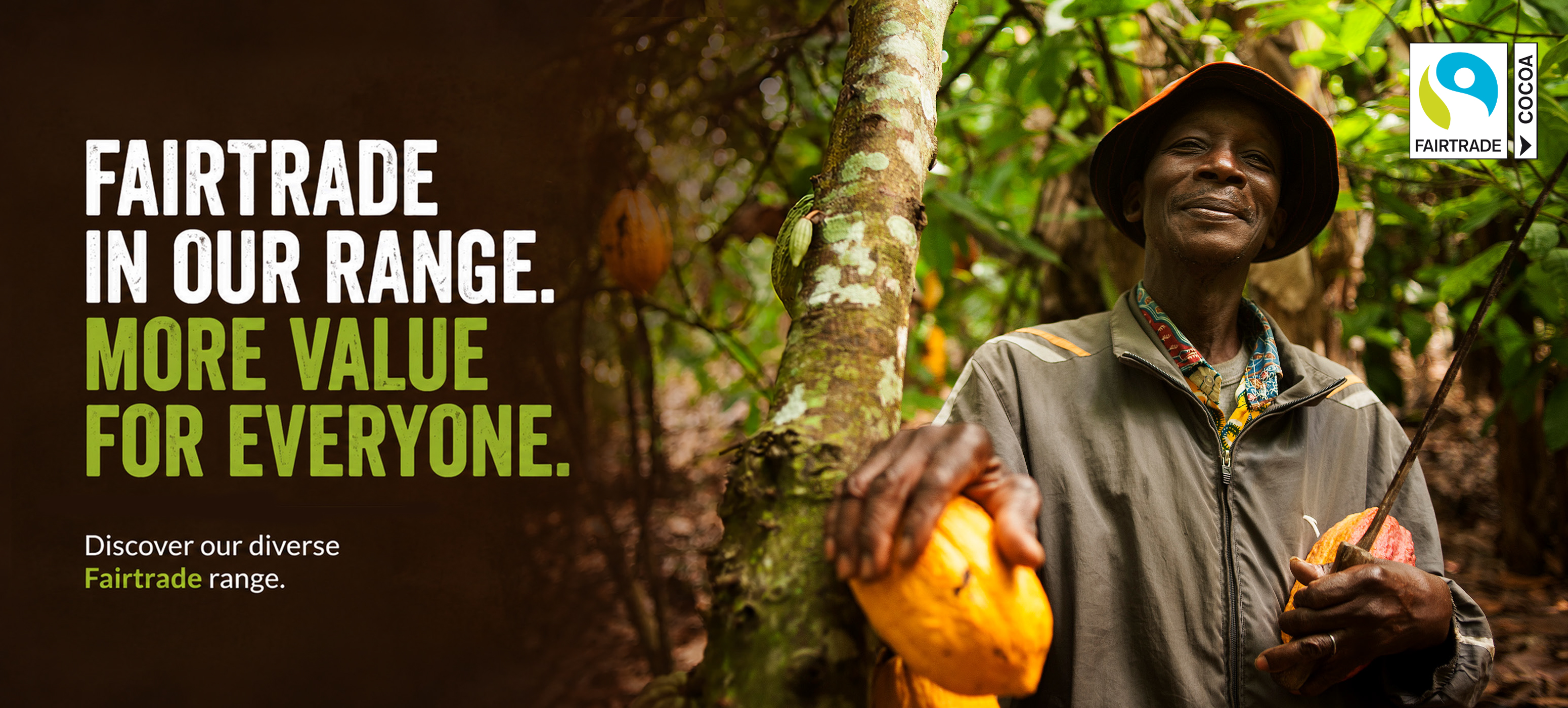 Fairtrade cocoa farmer with cocoa pods